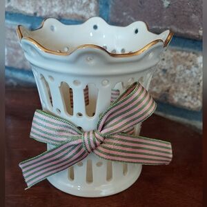Lenox Ivory Pierced Green Pink Ribbon Votive Candle Holder Ceramic 3.75" Tall